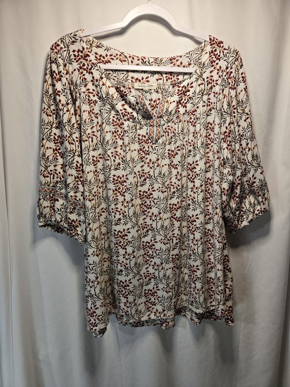 Indigo Cream Tunic with Rust Floral Print and Olive Accents